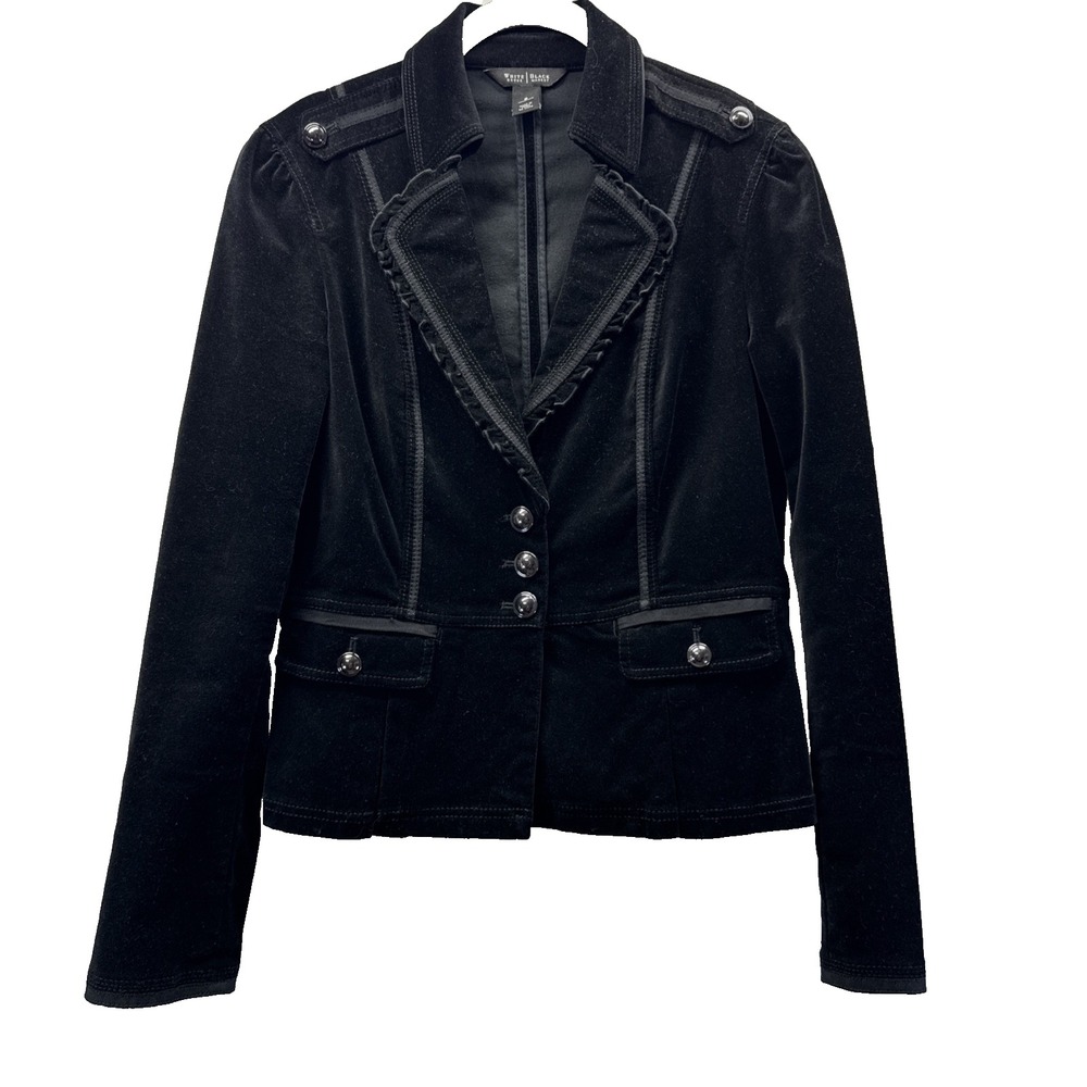 White House Black Market Jacket Size 6 Black Whimsigoth Ruffle Velvet Feminine